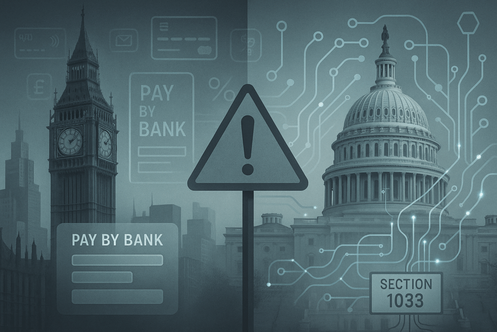 A stylized split-screen graphic: left side shows London’s Big Ben in a financial district backdrop, overlaid with faint payment icons and an underused “Pay by Bank” checkout screen; right side shows the U.S. Capitol surrounded by data cables and API connection icons labeled “Section 1033.” A warning sign subtly bridges the two halves.