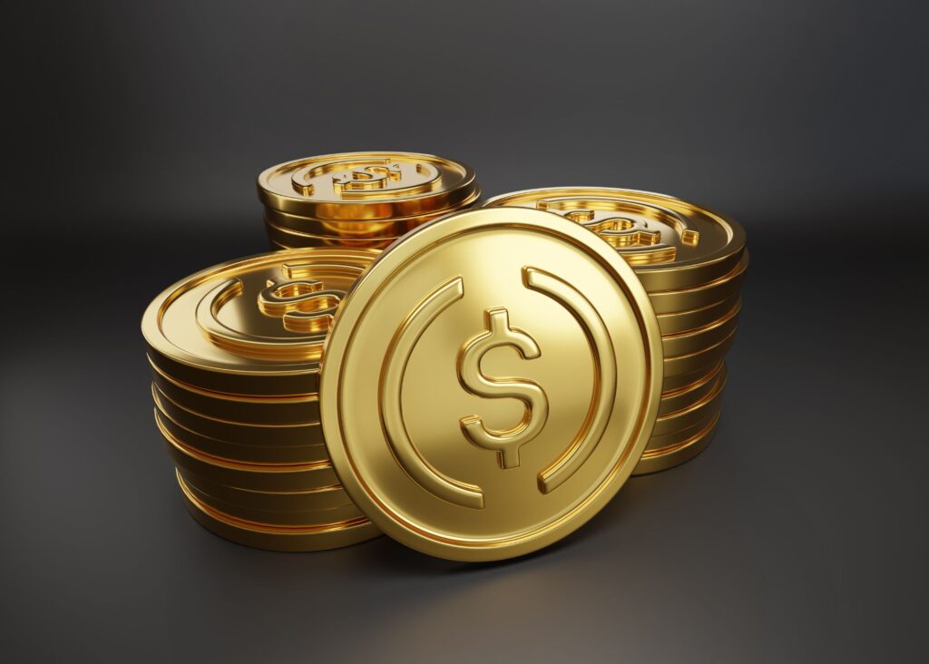 Tokenized dollars on deck: stylized stacks of USD-backed coins evoke the fully reserved, one-to-one stablecoins the GENIUS Act aims to legitimize.