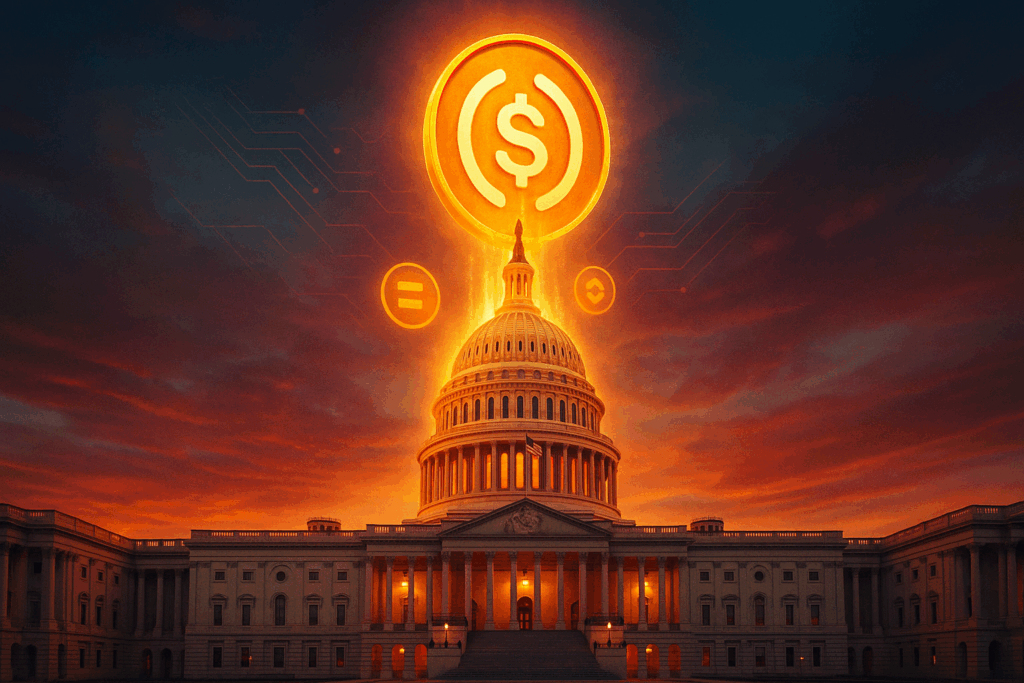 A radiant USDC emblem rises from the Capitol dome at sunset, symbolizing Washington’s embrace of dollar-backed stablecoins as a new force in U.S. finance.