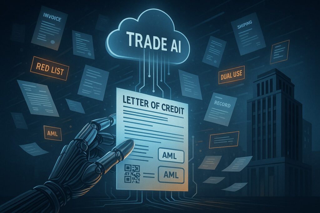 Conpend illustration: In the foreground, a robotic hand made of sleek metallic filaments scans a glowing letter of credit with built-in QR and AML tags, as data lines flow upward into a cloud-shaped AI hub labeled “TRADE AI”. Around it, holographic documents swirl — invoices, bills of lading, shipping records — as compliance flags (e.g., “Red List”, “Dual Use”) flash in amber. Behind this digital vortex stands a stylized European bank tower, its paper files dissolving into pixels.