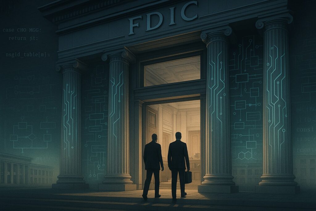 In the foreground, two silhouetted figures (a fintech entrepreneur and a community banker) walk side by side through the towering doorway of a neoclassical U.S. regulatory building. Above the entrance, “FDIC” is engraved in stone, but the columns are adorned with glowing circuit patterns, blending tradition with fintech modernity. Behind them, a courtroom-like setting dissolves into code fragments and flowcharts symbolizing dispute resolution, policy consistency, and financial innovation.