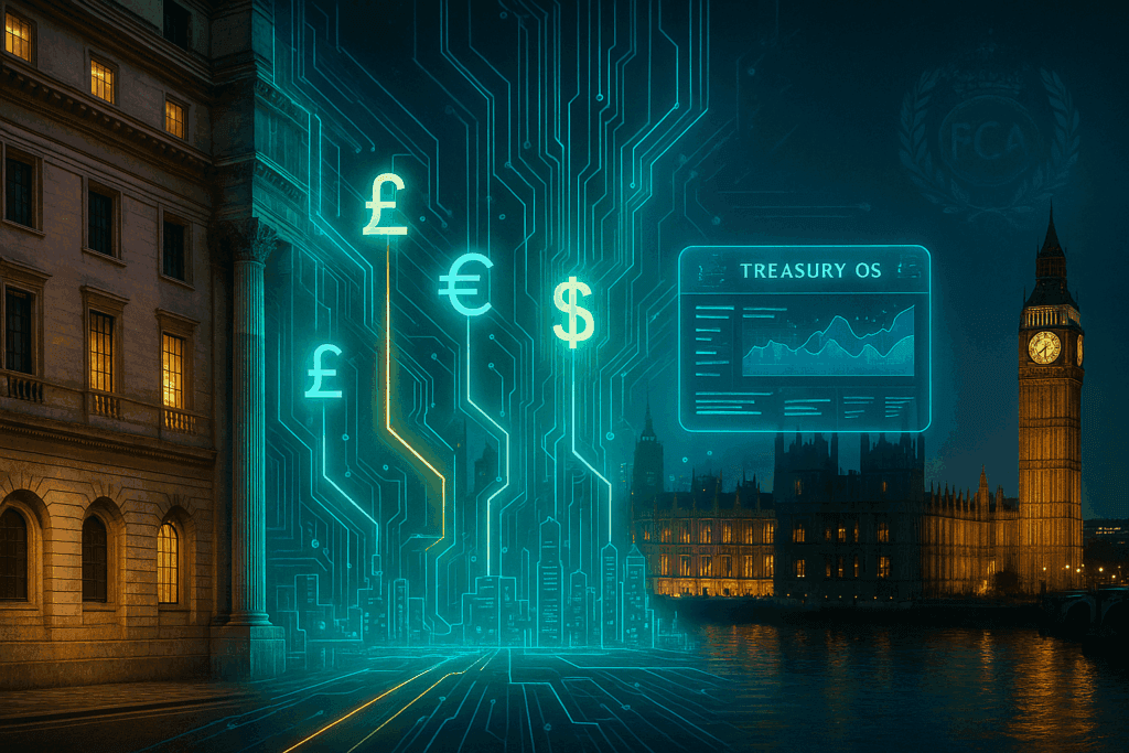 Finmo illustration: stone façade of the Bank of England on the left seamlessly morphs into a translucent turquoise circuit-board skyline on the right. Glowing currency symbols (£ € $ S$) pulse along neon channels that dive beneath the Thames and re-emerge as a holographic “Treasury OS” dashboard hovering above London’s night skyline. Subtle FCA crest watermark shimmers behind Big Ben, hinting at regulatory approval, while network nodes radiate outward toward icons of Singapore, New York, and Sydney to signal Finmo’s hub-and-spoke expansion.