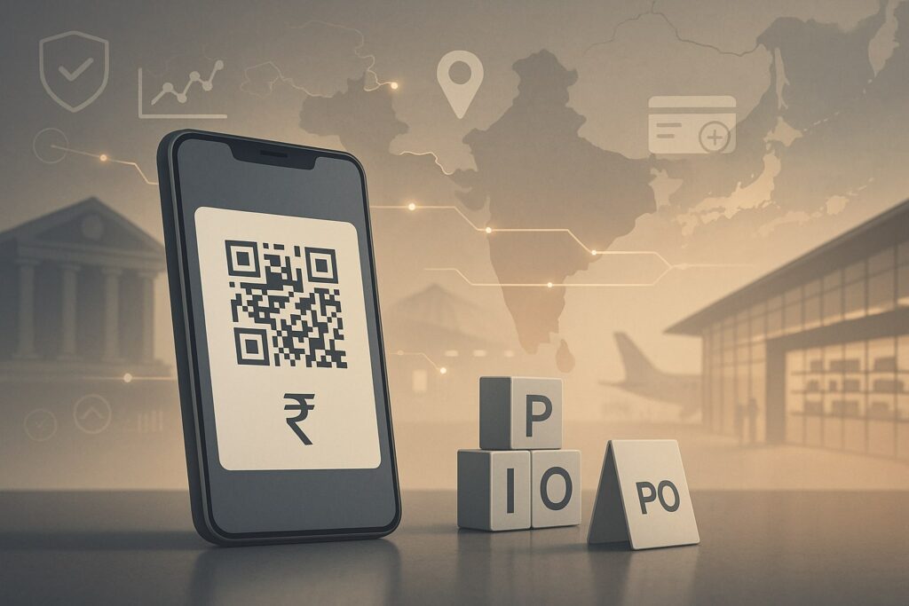 Smartphone scanning a plain QR code beside “IPO” blocks; bank, exchange, and airport silhouettes; India-to-GCC map and HUD icons—representational graphic for PhonePe IPO, no branding.