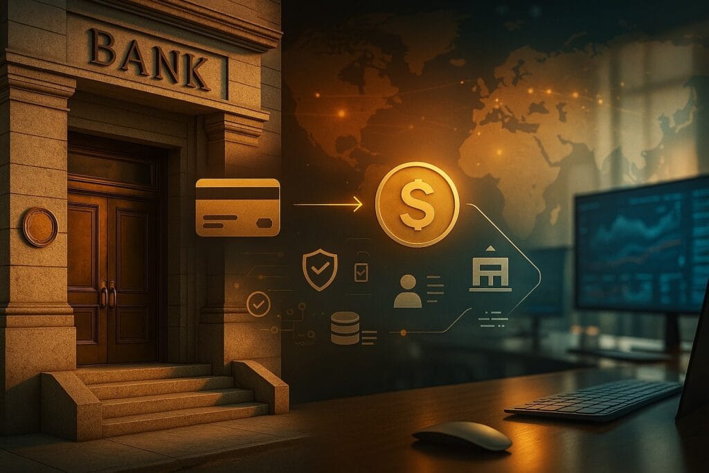 Split composition implying “old charter meets programmable finance.” Foreground left: a classic mid-western stone bank façade with a timeless seal (no words), brass door handles and marble steps. Foreground right: a clean API-era control room—glass desk, generic dashboard screens with abstract charts/graphs (no readable text). Center bridge motif: a generic network payment card silhouette arcs toward a round “stablecoin” token icon, which in turn flows into a minimalist bank-ledger block; thin luminous lines suggest conversion/settlement.