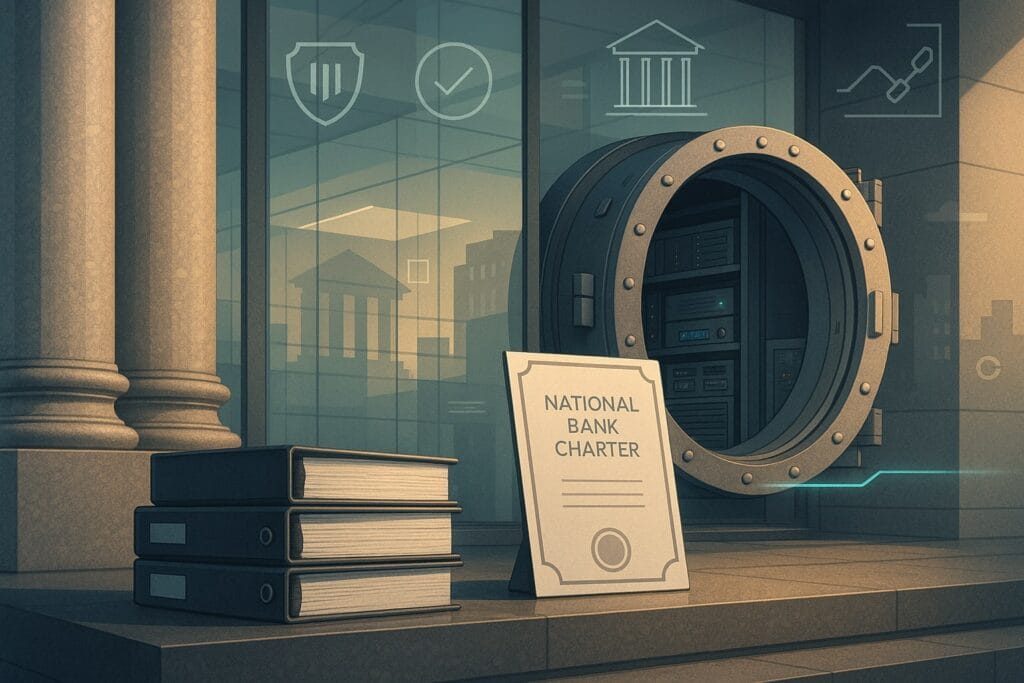 Photorealistic wide image of a federal-style façade with granite columns; in front, three thick binders and a blank certificate with a seal outline. A half-open bank-vault door reveals server racks and a small compliance cabinet, connected by a thin glowing line toward the glass atrium. Faint icon overlays—shield, check mark, column and line graph—imply safety, conditions, charter and metrics. People-free; no brands or signage.