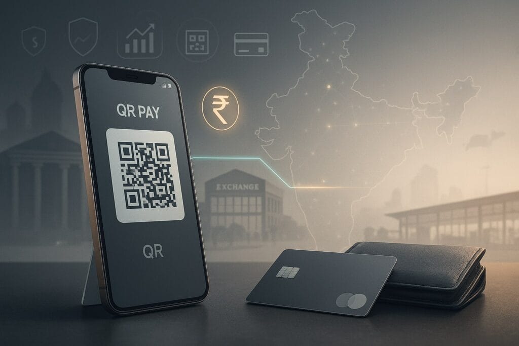 Revolut UPI Graphic: A smartphone displaying a generic QR pay screen scans a black-and-white QR code on a counter; next to it lie an unbranded prepaid card and wallet. In the background, silhouettes of a bank, an exchange, and an airport connect via a glowing line across a faint map of India, symbolising UPI and cross-border payments.