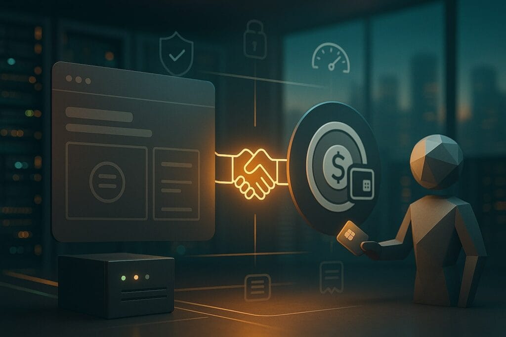 Cinematic 3:2 scene of a pay-per-request flow: a minimal web panel and a wallet coin are linked by a handshake icon (402 challenge/response). A faceted, neutral agent presents a token chip while thin glowing rails connect to a plain facilitator cabinet; HUD icons show compliance, protocol link, meter gauge, and receipt. People-free; no logos or readable UI text.