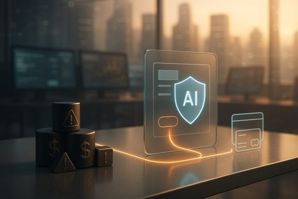 A wide, cinematic 3D illustration of a modern bank operations floor at golden hour. In the foreground, dark metal discs and cubes embossed with dollar and warning icons sit on a glass table, representing junk fees. To the right, a translucent glass panel shows a minimal checkout interface with a glowing AI shield symbol. A thin, illuminated data line runs from the panel toward the fee blocks, then bends and redirects toward a simple payment card and wallet icon, suggesting an AI agent blocking junk fees and routing a safer transaction. The background shows softly blurred trading screens and a distant city skyline, with no logos or text visible.