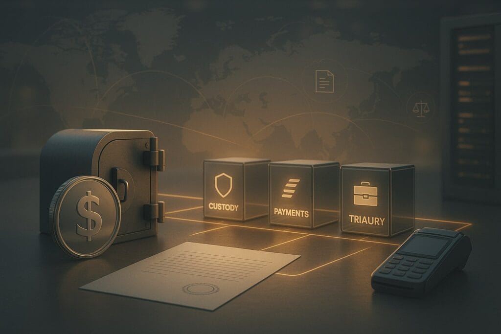 Glass $1 coin beside a half-open vault and a POS terminal; four cubes with icons—shield, circular arrows, briefcase, bar chart—connected by thin glowing lines on a bank-tech operations floor under warm, golden light.