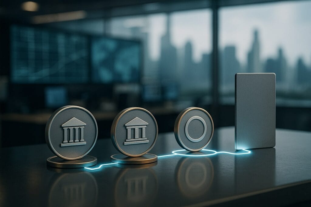 Cinematic 3:2 illustration of a neutral trading floor showing three metallic token discs on a reflective desk—two with generic bank-building icons and one ringed circle—connected by a glowing teal line into a tall rectangular slab, representing tokenised central bank money, deposits, stablecoins and government bills against a softly blurred city skyline.