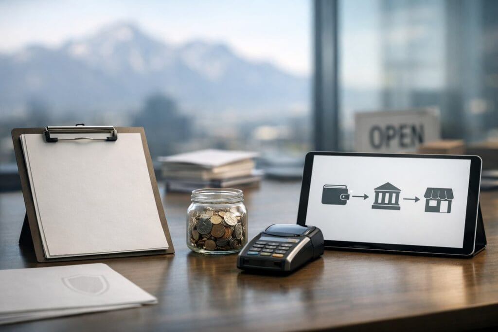 An unbranded desk with a blank document on a clipboard, a jar of coins, a card payment terminal, and a tablet showing icons for a wallet, bank, and storefront; blurred mountains in the background.