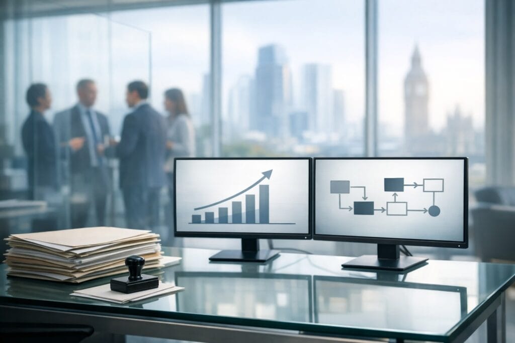 Glass-topped desk inside a neutral UK financial regulator office with two monitors showing a rising approval chart and a simple workflow diagram, a stack of paper files and a rubber stamp in the foreground, and blurred businesspeople talking by a glass wall with a soft London skyline in the background.
