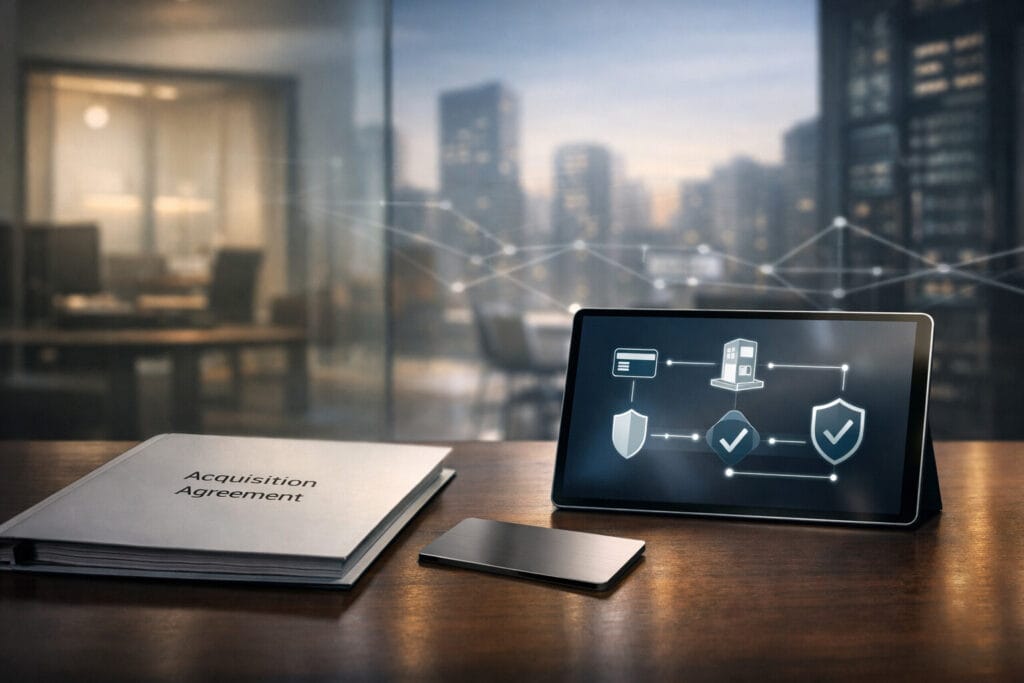 Wide, cinematic editorial image of a bank-style desk with a binder labeled “Acquisition Agreement,” a minimalist metal corporate card, and a tablet displaying an abstract CFO dashboard with simple icons, set against a softly blurred backdrop contrasting a traditional bank lobby and a modern startup office, with a faint network overlay suggesting digital payment infrastructure.