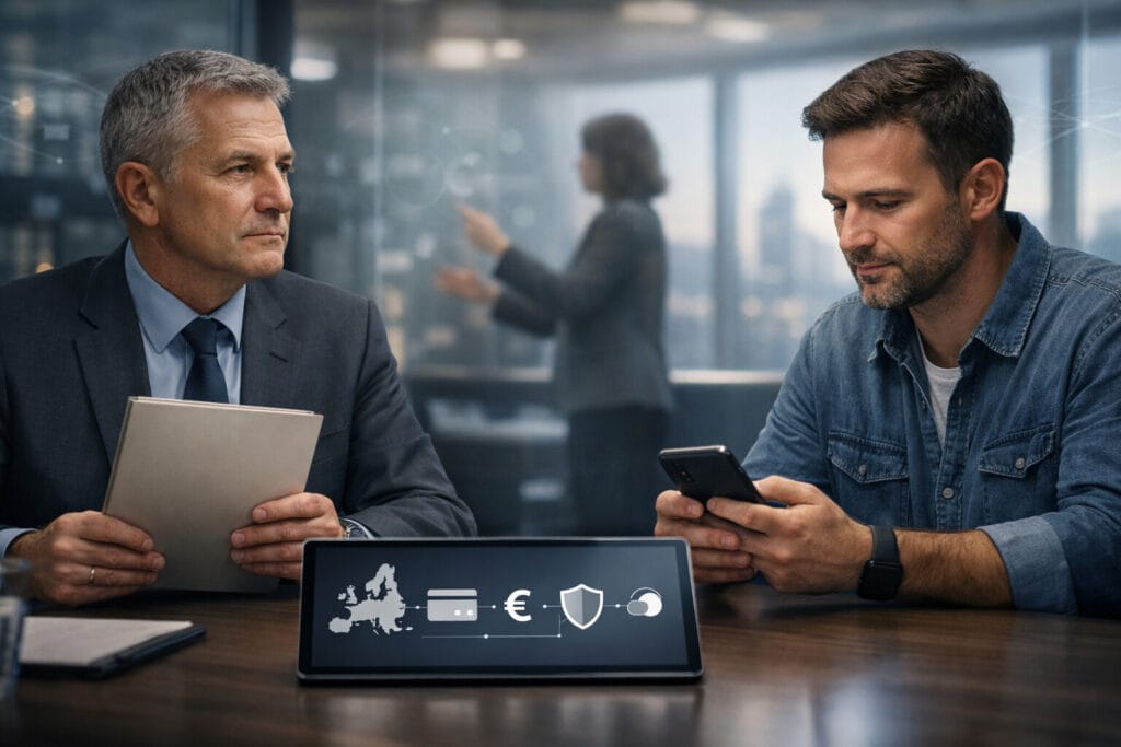 A European financial-policy official and a small-business owner sit at a conference table in a modern office, both in sharp focus with thoughtful expressions. The official holds a plain folder while the merchant reviews a payment option on a smartphone. In the foreground, a tablet displays abstract icons representing Europe, digital payments, and security. Behind them, a blurred analyst gestures at a glass board, with a city skyline visible through the window, conveying a serious, policy-meets-real-economy discussion.
