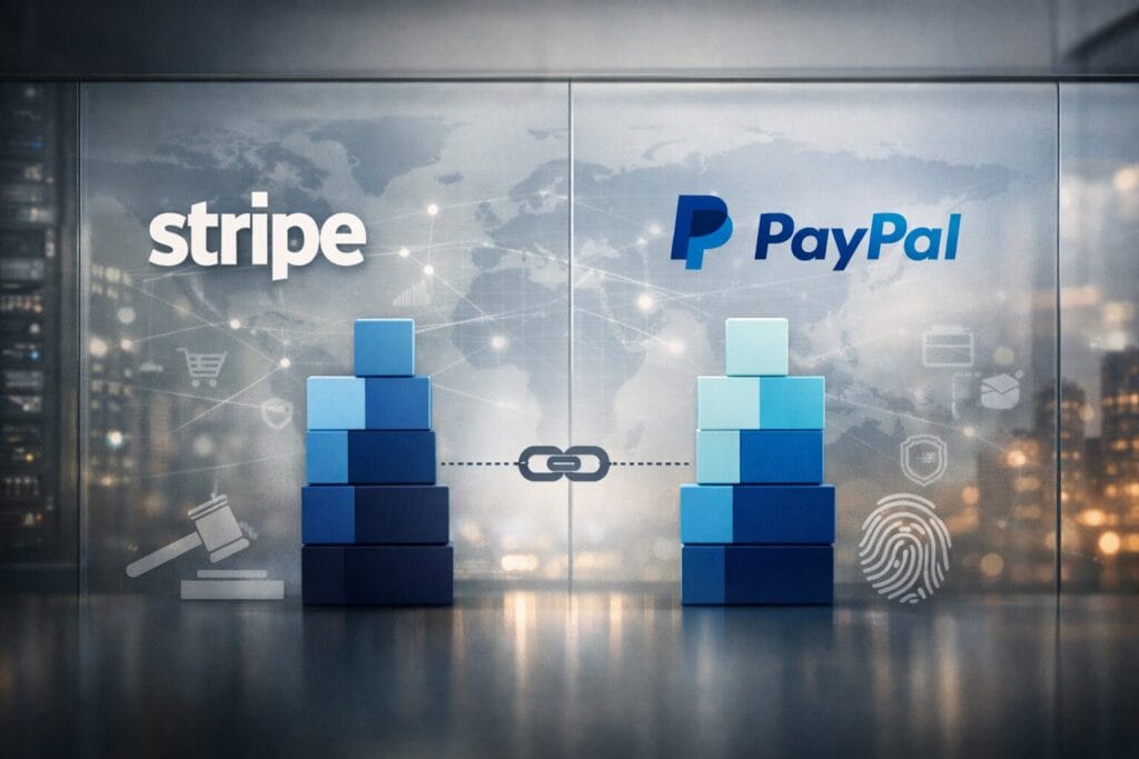 Semi-realistic, wide 3:2 business-style infographic showing the Stripe logo on the left and the PayPal logo on the right against a frosted glass “strategy wall.” Beneath each logo sits a stacked bar made of blue blocks of similar height, connected in the center by a small chain-link icon and dotted line. Faint icons of a gavel (regulation), fingerprint (consumer identity), shopping cart, card, wallet, and shield overlay a subtle world map with network lines. The background features blurred server racks and a city skyline at dusk, creating a high-end financial-news aesthetic.