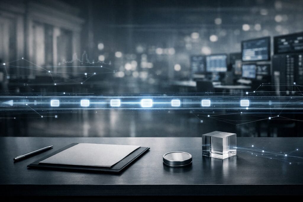 A cinematic, high-end editorial illustration of a modern financial workspace: a sleek desk in the foreground holds a metal pen, a closed blank folder, a reflective coin-like token, and a clear acrylic cube. Across the middle of the scene, a glowing horizontal digital “ledger rail” carries luminous square units, symbolizing tokenized money in motion. In the softly blurred background, traditional banking architecture blends into a contemporary trading and data environment with screens and network-like overlays. Subtle blue highlights and fine data lines suggest a 24/7, always-on financial system where money moves seamlessly between institutions.